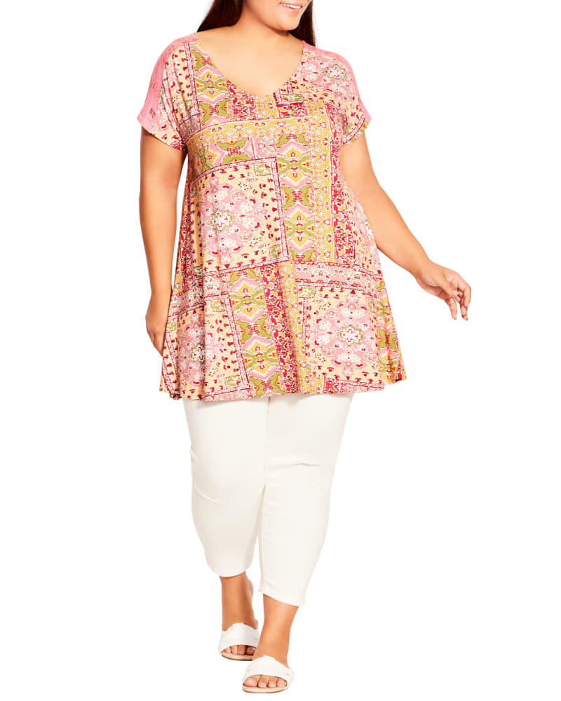 Plus size model wearing Julia Printed Lace Yoke Tunic by avenue | Dia&Co | dia_product_style_image_id:197508